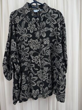 Liz & Me Black White Floral Blouse Snap Front Plus Size 3X 4X